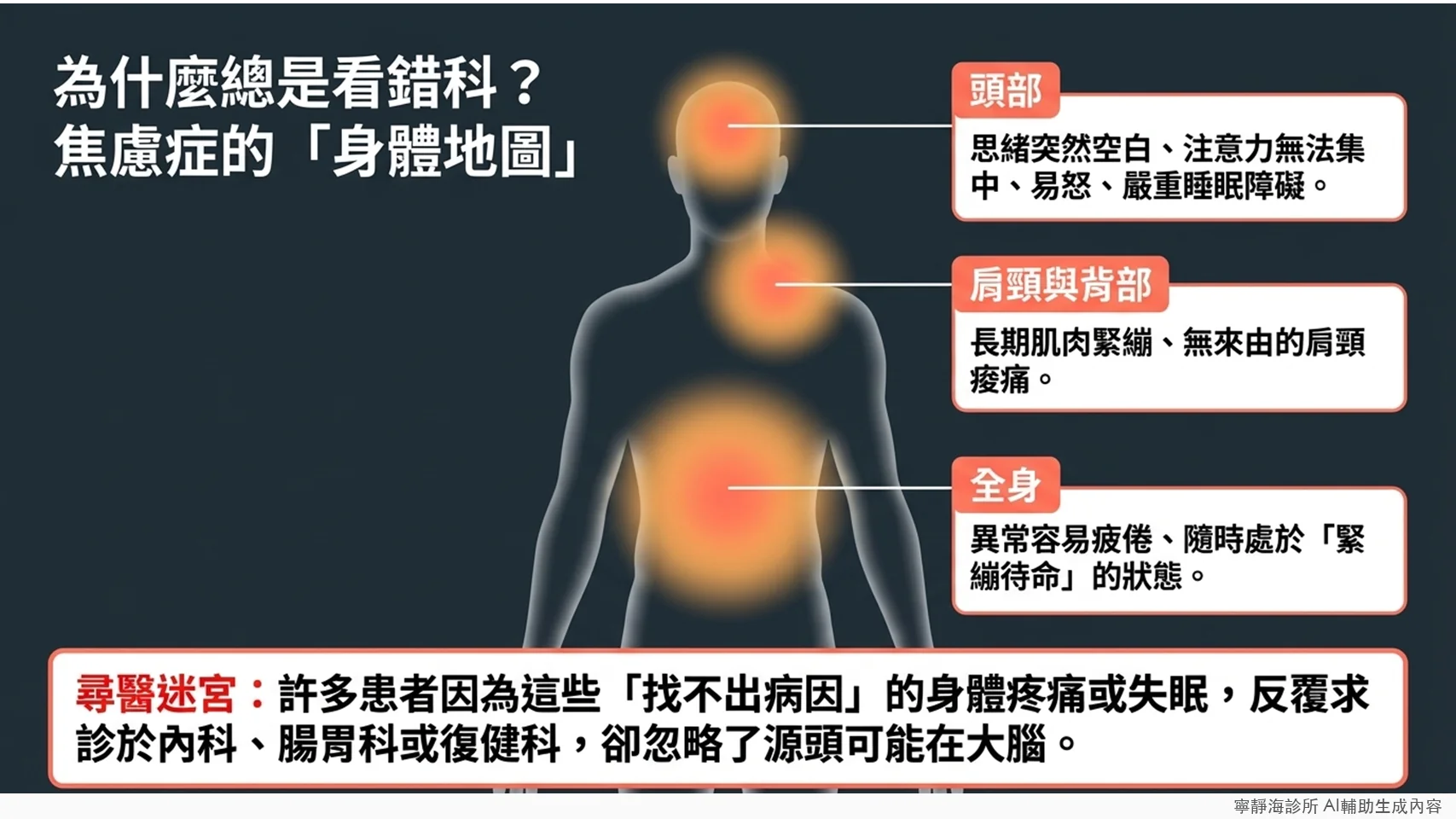 廣泛性焦慮症身體地圖：頭部注意力不集中、肩頸痠痛、全身疲倦
