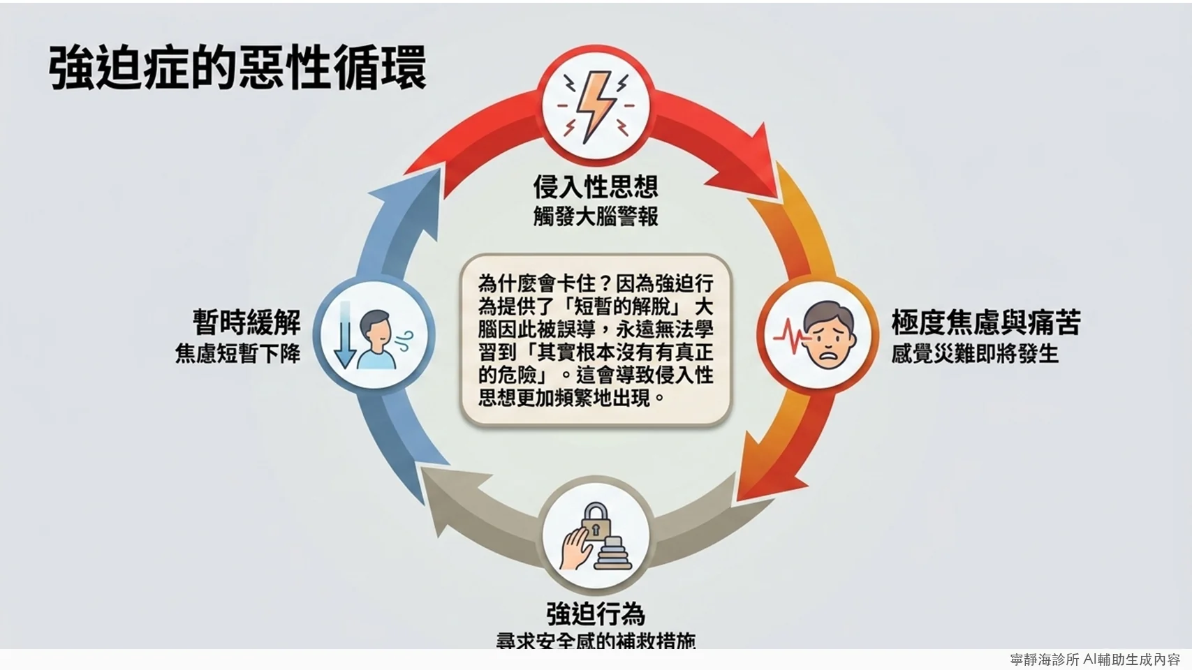 強迫症惡性循環：侵入性思想、極度焦慮、強迫行為、暫時緩解