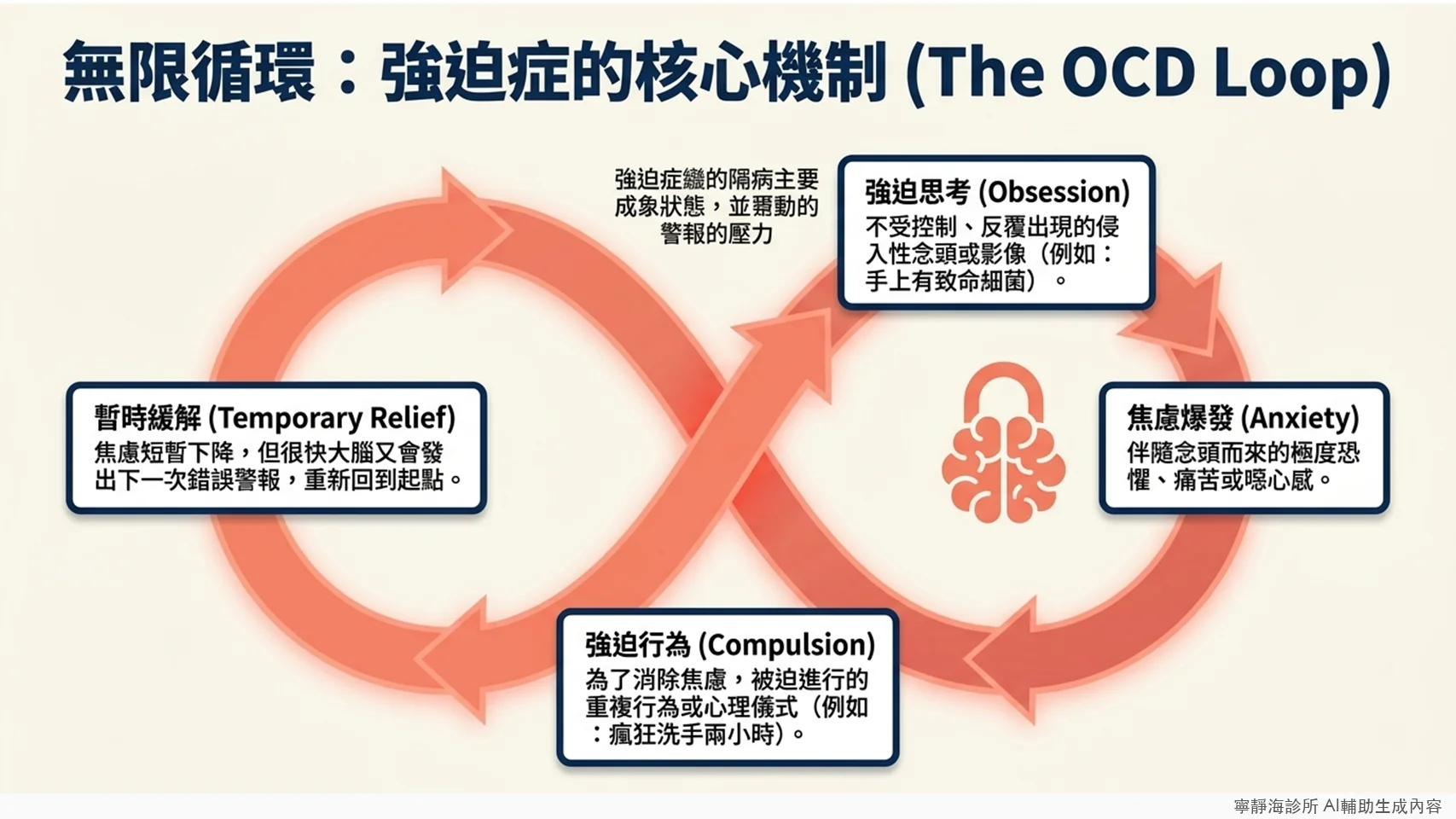 強迫症核心機制OCD Loop：強迫思考、焦慮爆發、強迫行為、暫時緩解