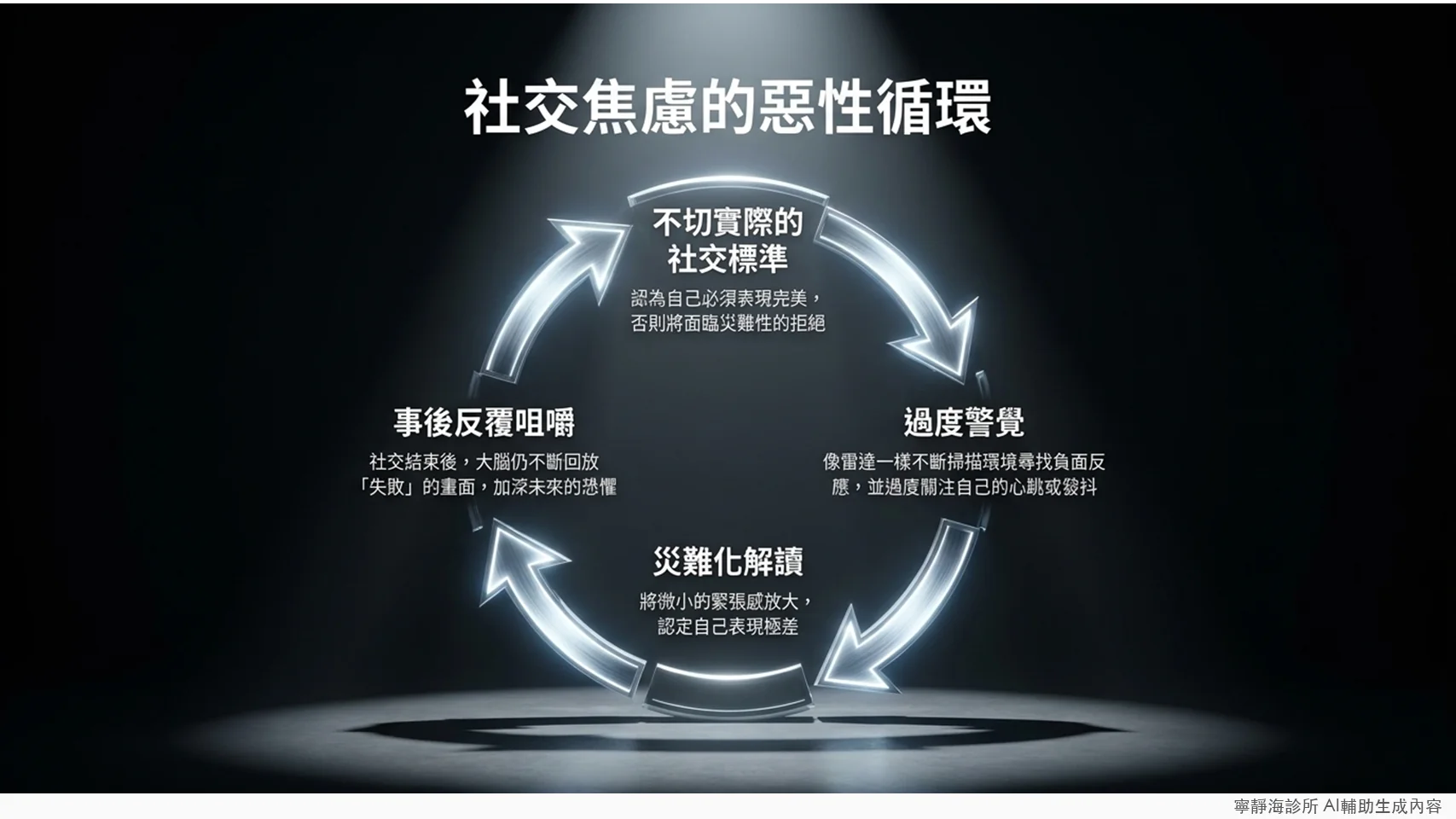 社交焦慮惡性循環四階段：不切實際的社交標準、過度警覺、災難化解讀、事後反芻