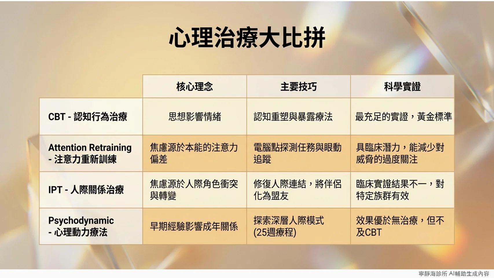 社交焦慮症心理治療方式比較：認知行為治療、注意力重新訓練、人際關係治療、心理動力療法