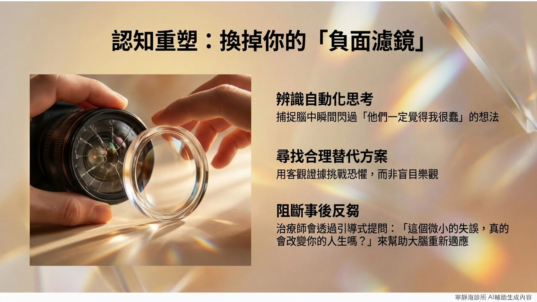 認知重塑技巧：辨識自動化思考、尋找合理替代方案、阻斷事後反芻