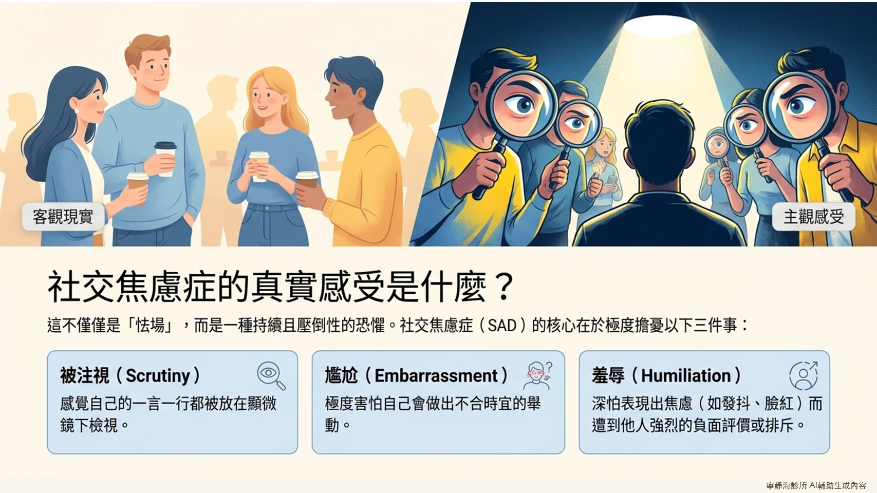 社交焦慮症核心恐懼：被注視、尷尬、羞辱