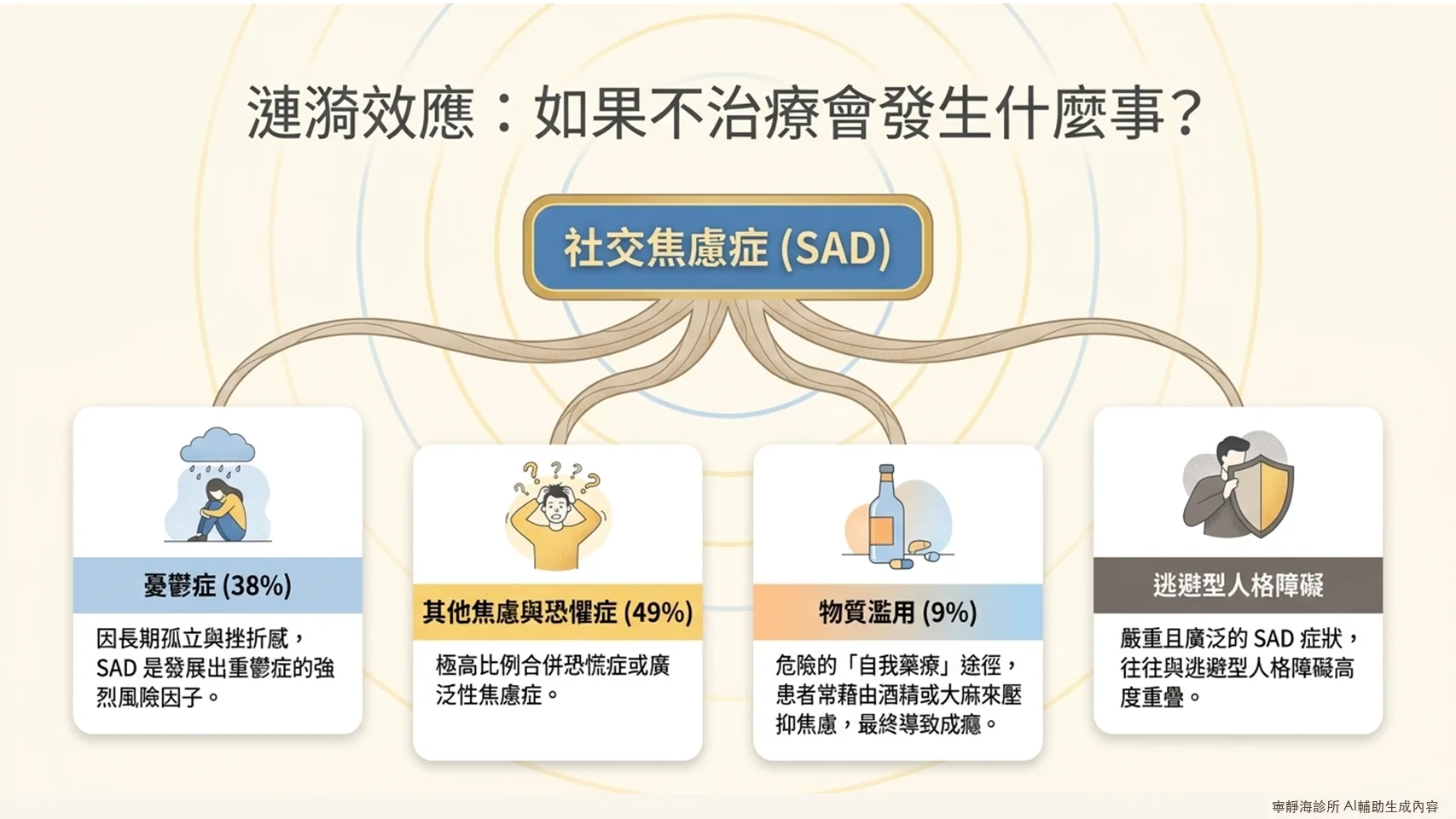 社交焦慮症未治療後果:憂鬱症38%、其他焦慮症49%、物質濫用9%