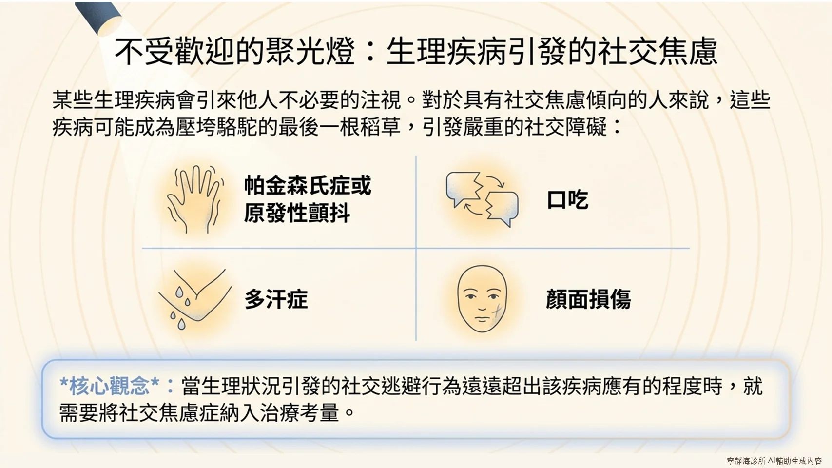 誘發社交焦慮的生理疾病:帕金森氏症、口吃、多汗症、顏面損傷